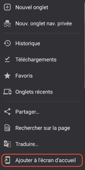 Image de l'icône pour Ajouter à l'écran d'accueil dans le menu déroulant